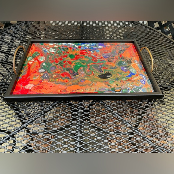Gorgeous Handmade Original Colorfully Painted Wooden Brass Handle Serving Tray! - Picture 7 of 15